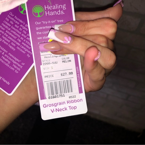 Healing Hands Purple Label Grosgrain ribbon V-neck Tropical Pattern Scrub Top - Picture 5 of 8